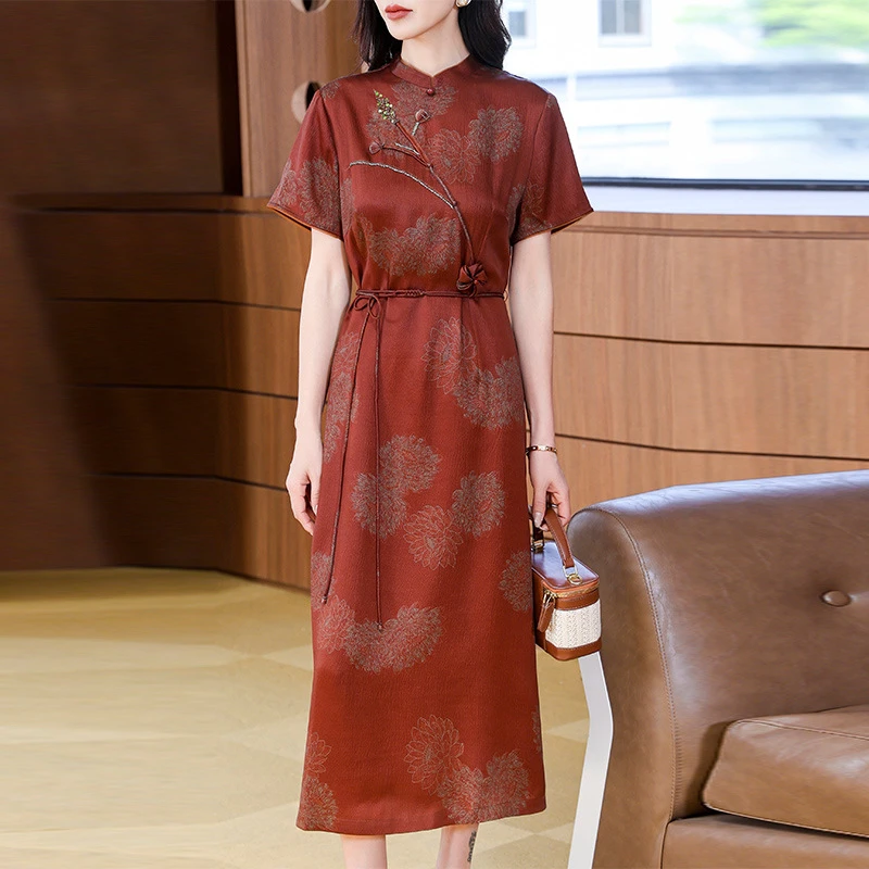 香云纱真丝连衣裙女2025夏装新款妈妈装国风改良旗袍桑蚕丝连衣裙