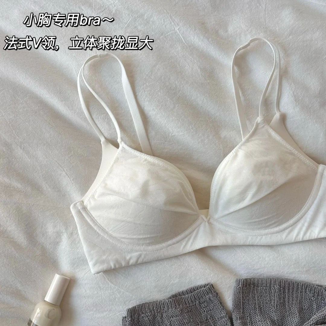 欲日系夏季立体法式少女蕾丝内衣女V领聚拢显大平小胸不空杯bra
