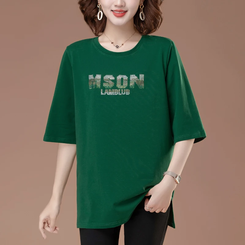 中长款圆领七分袖t恤女加肥加大宽松遮肚子亲肤舒适休闲百搭中袖