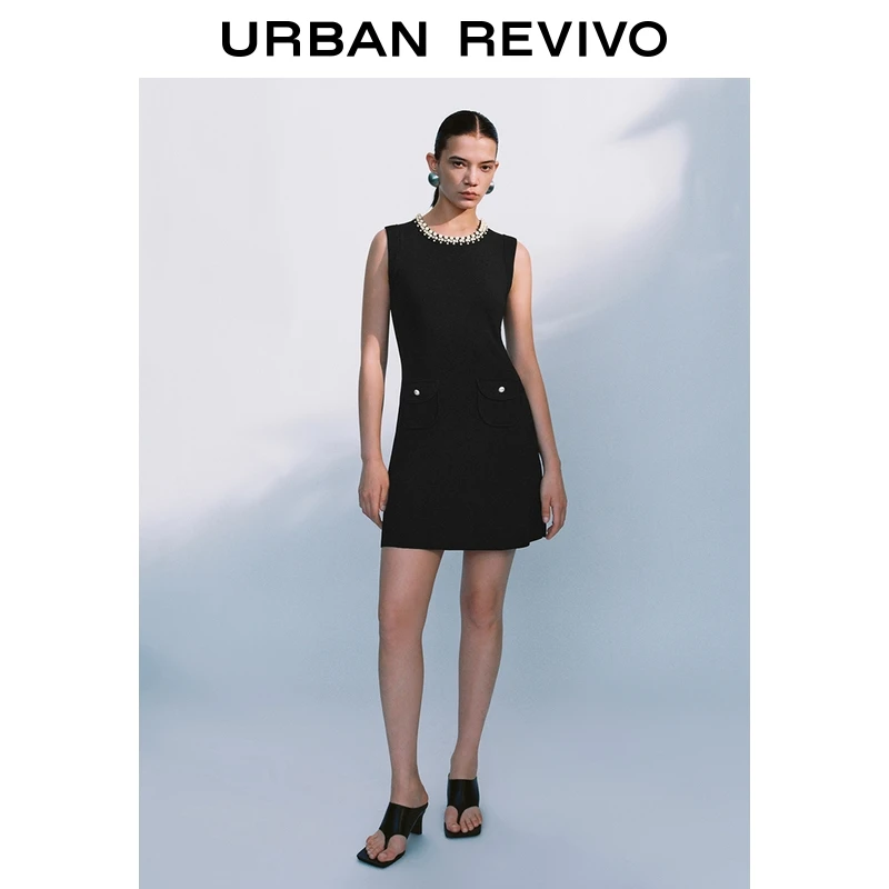 UR2025秋季新款女装法式气质钉珠饰超短针织连衣裙UWG950204+