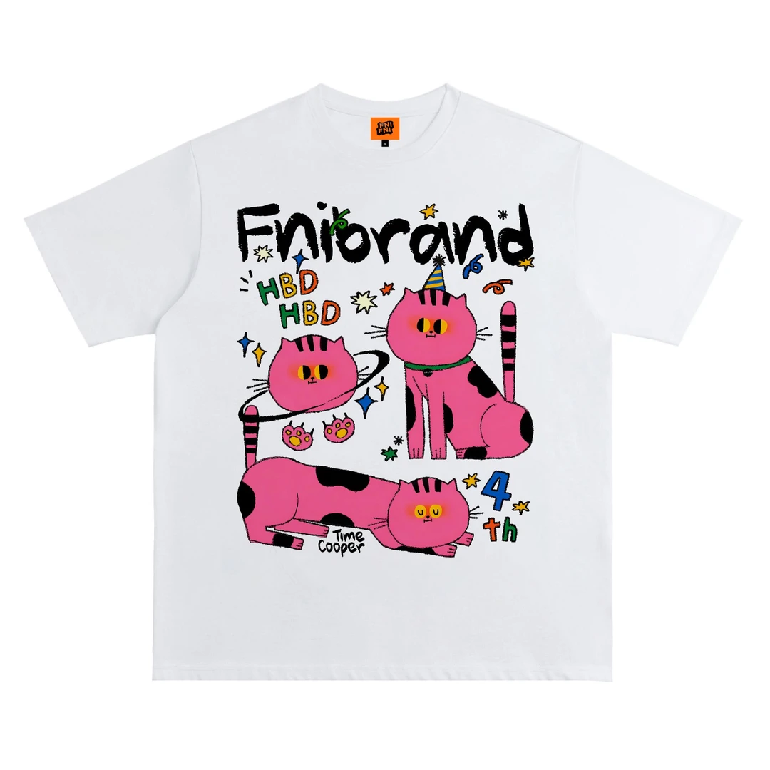 FNIFNI（粉色猫）男女同款t恤美式复古纯棉短袖上衣24新款短袖