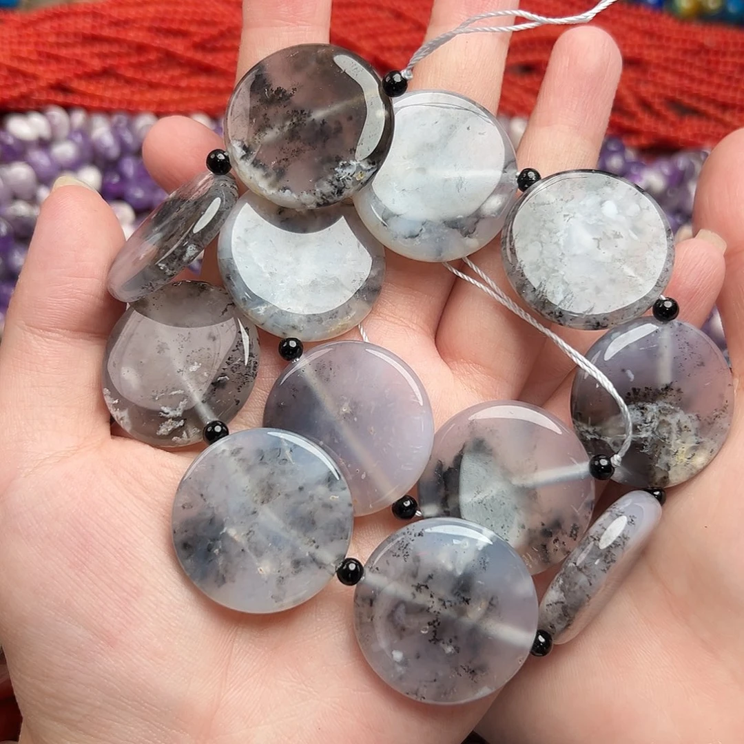 未镶嵌玛瑙/玉髓珠宝半成品黑白樱花玛瑙圆饼30m*6m一条