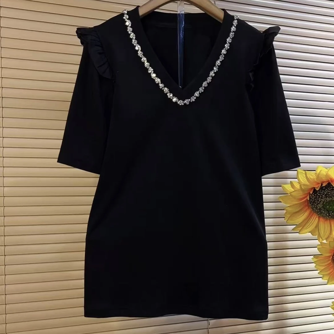 C欧货时尚新款重工V领洋气显瘦半袖上衣