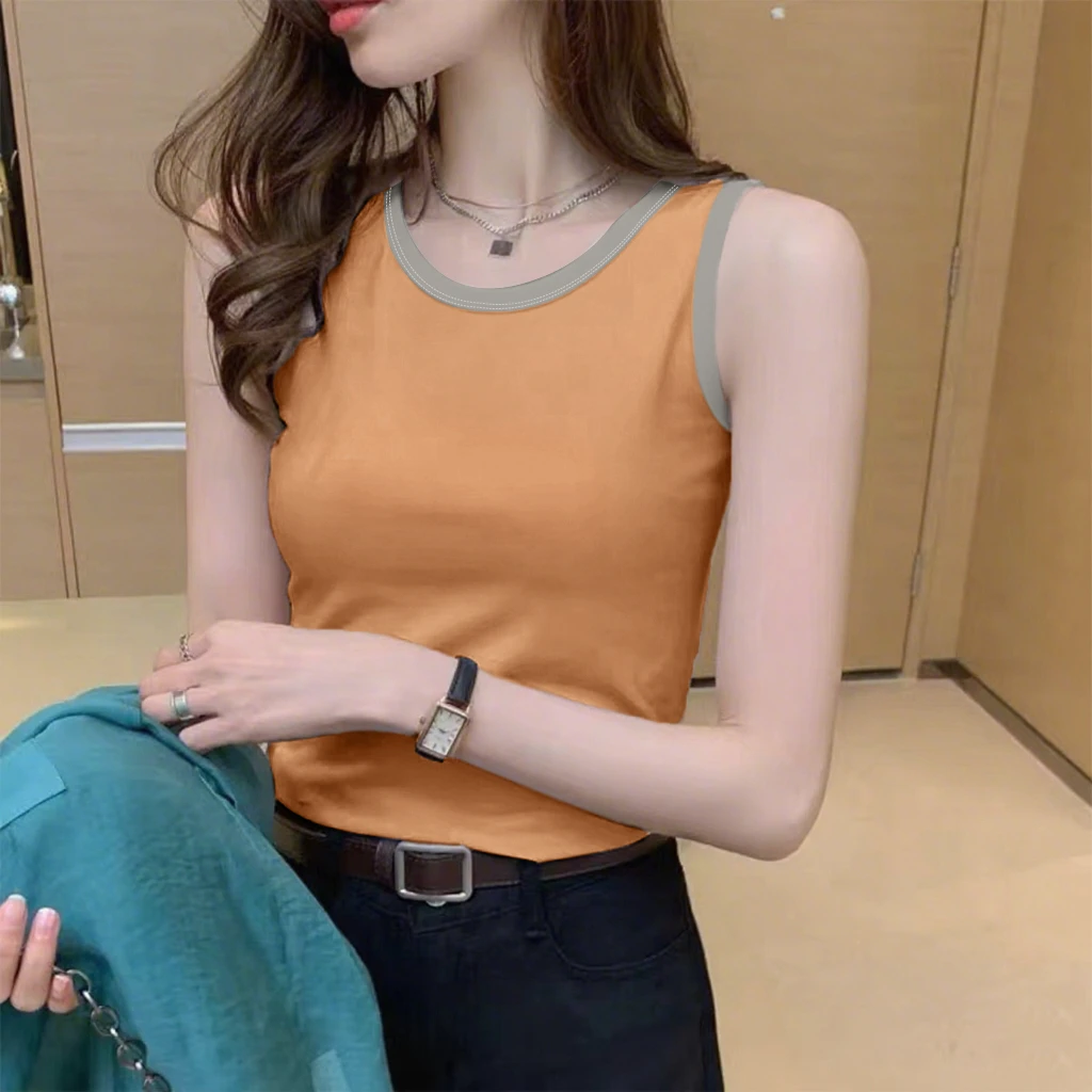 100%纯棉洋气背心短袖修身女背心外穿高档无袖拼接上衣女背心打底