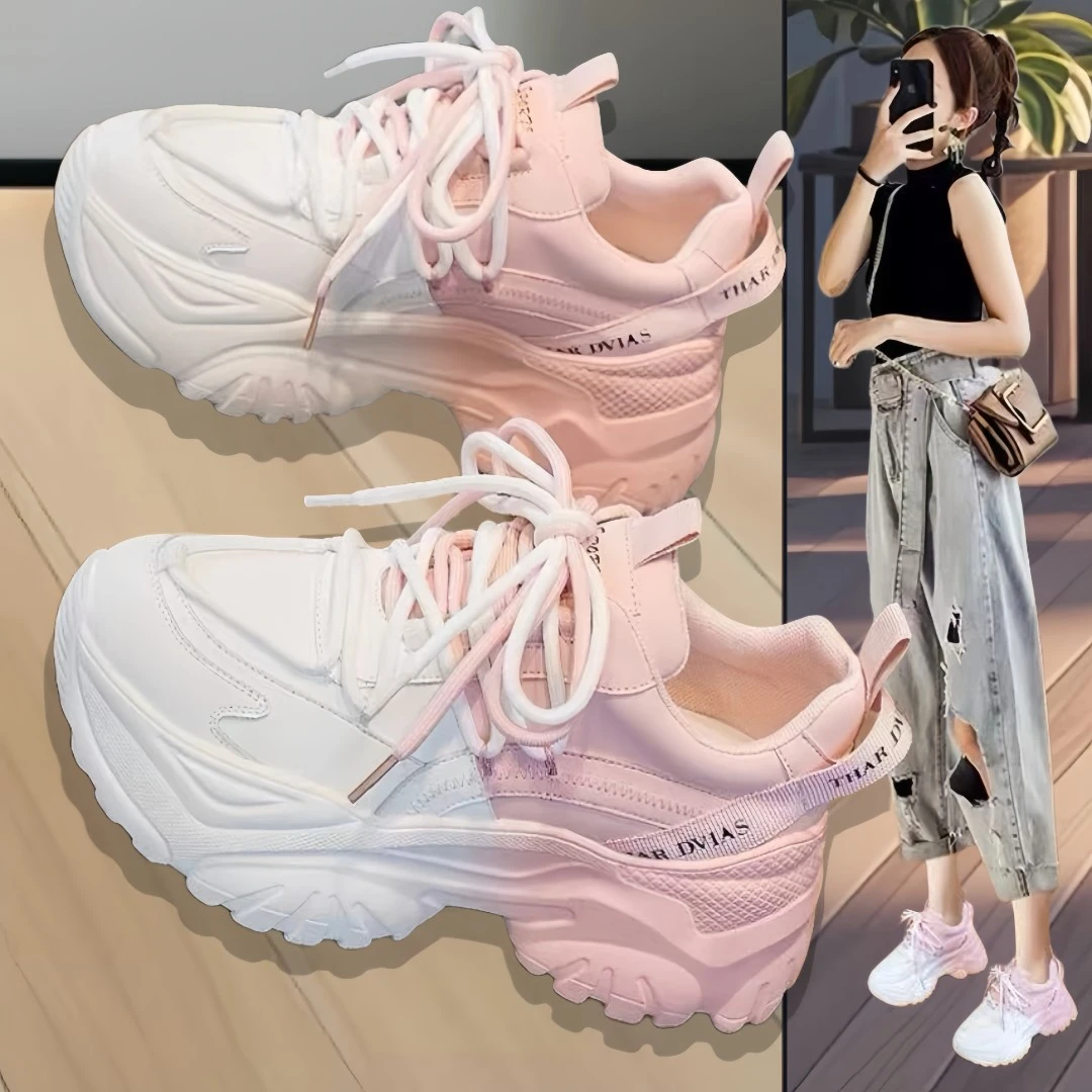 小白鞋女2024春季新款百搭潮牌明星同款显脚小6cm休闲白色老爹鞋