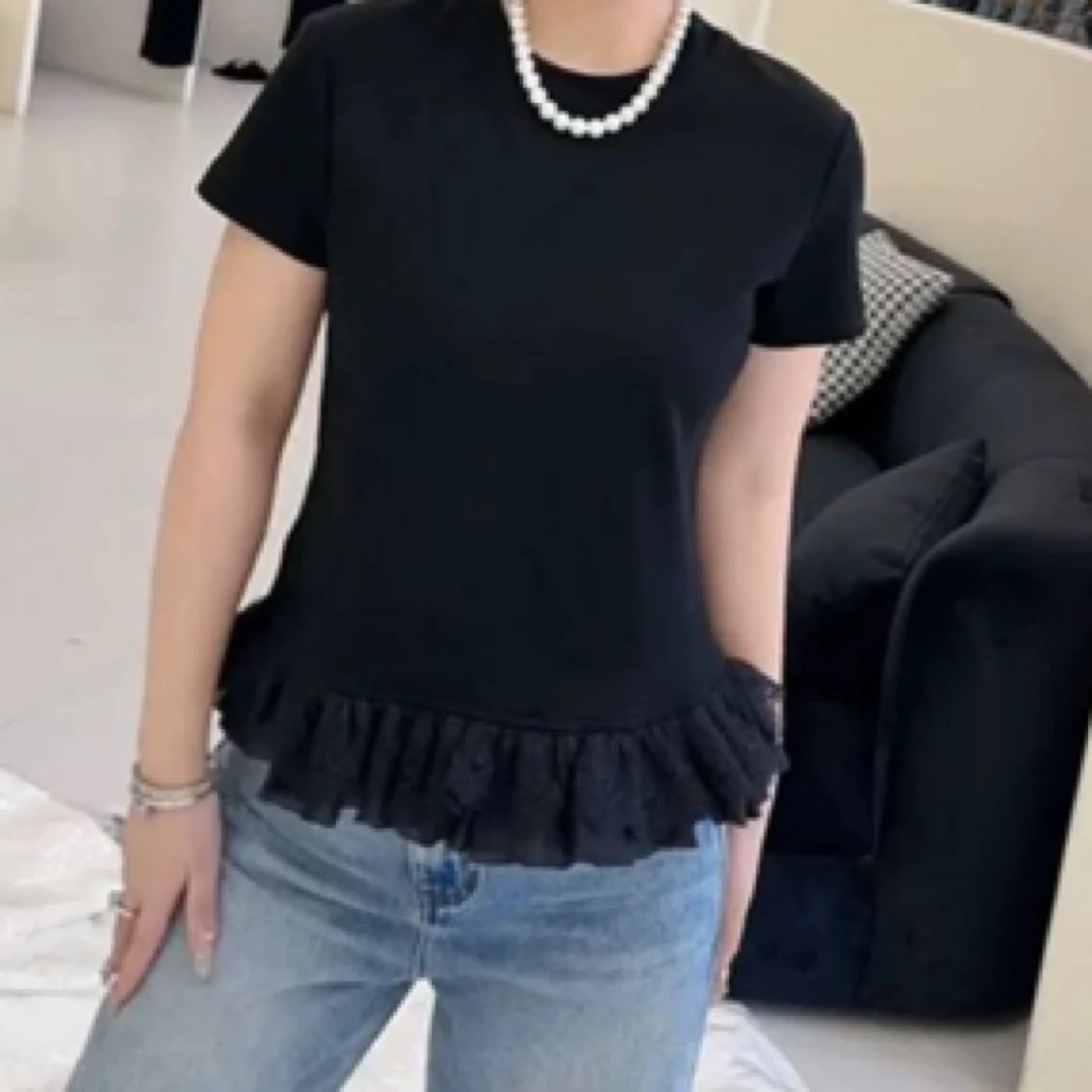 【欧欧】荷叶边T恤女短袖春季新款弹力蕾丝拼接叠穿打底衫内搭上衣