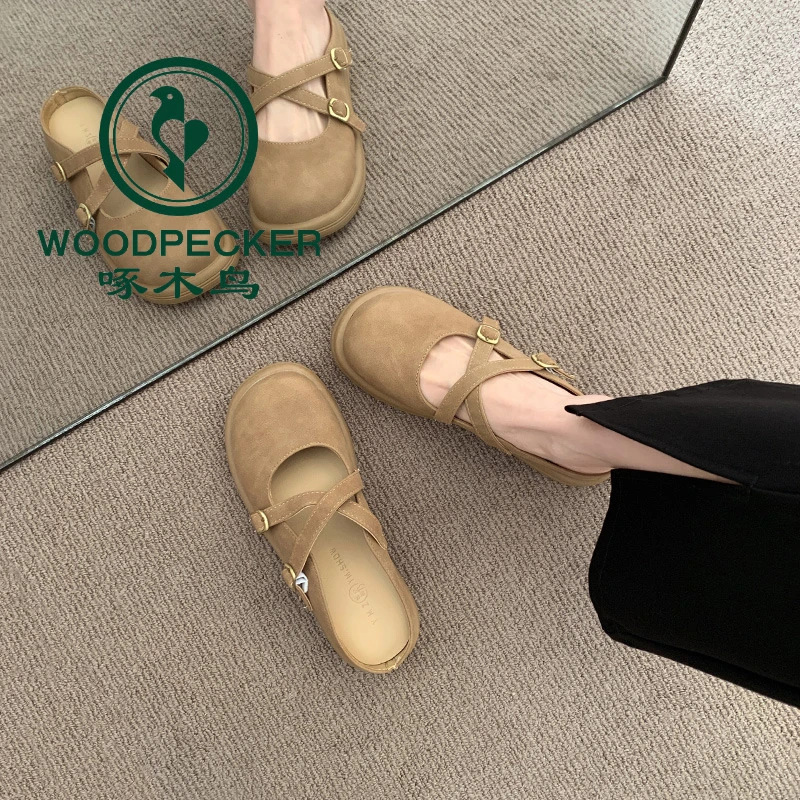 啄木鸟包头半拖鞋女外穿2025新款春夏季玛丽珍厚底法式外出凉拖鞋