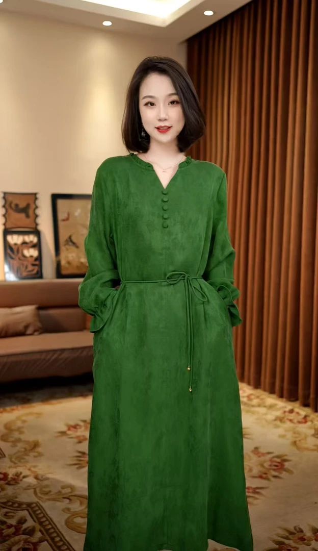 风眠-秋季新款文艺日系腰带V领宽松显瘦旗袍连衣裙