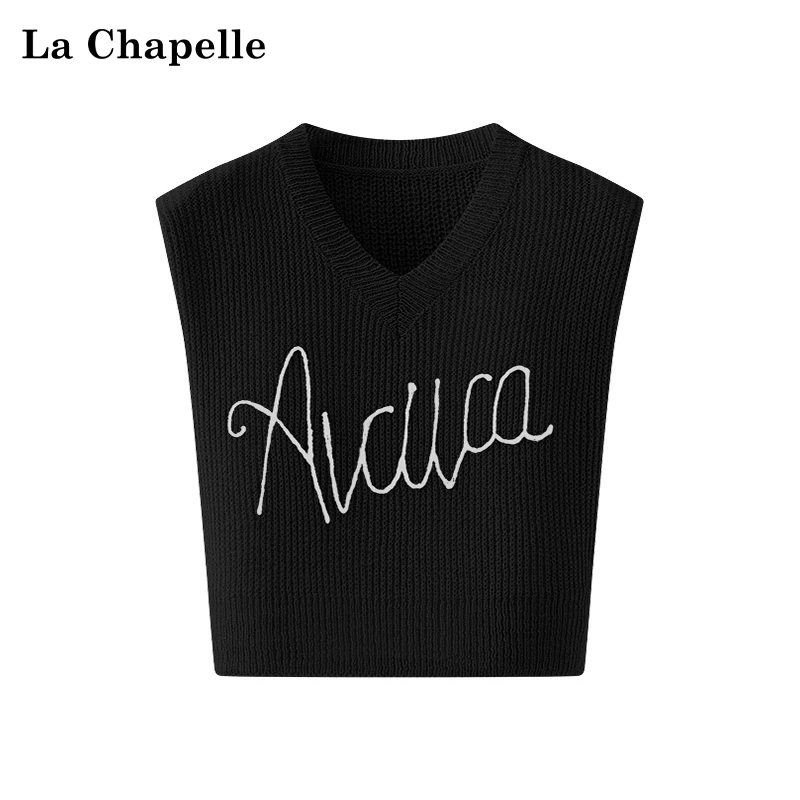 拉夏贝尔V领垫肩字母镂空针织马甲上衣女无袖背心夏新款高级时尚