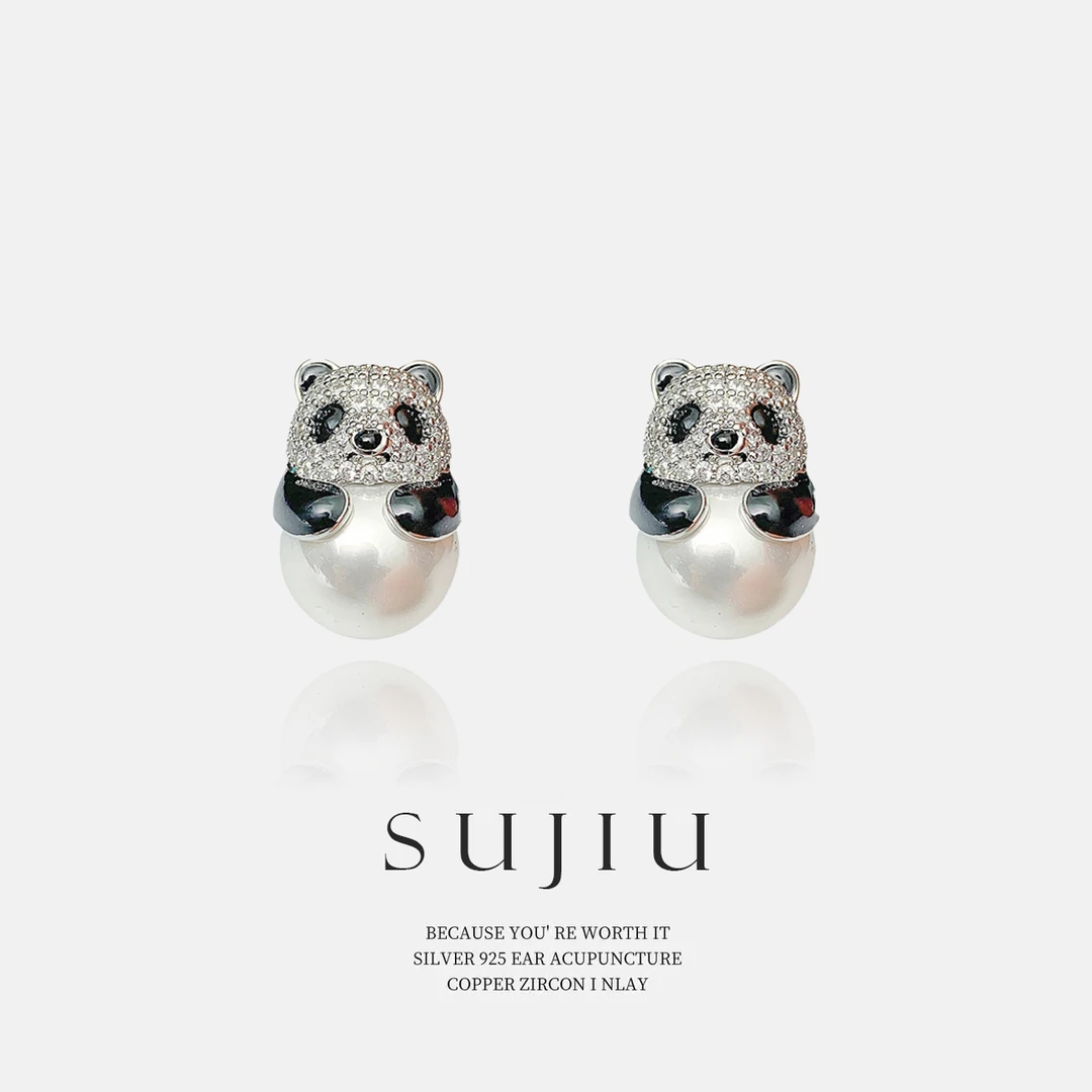 铜合金耳饰 SUJIU 925银针【胖达】可爱手工精致耳钉耳环耳坠7385