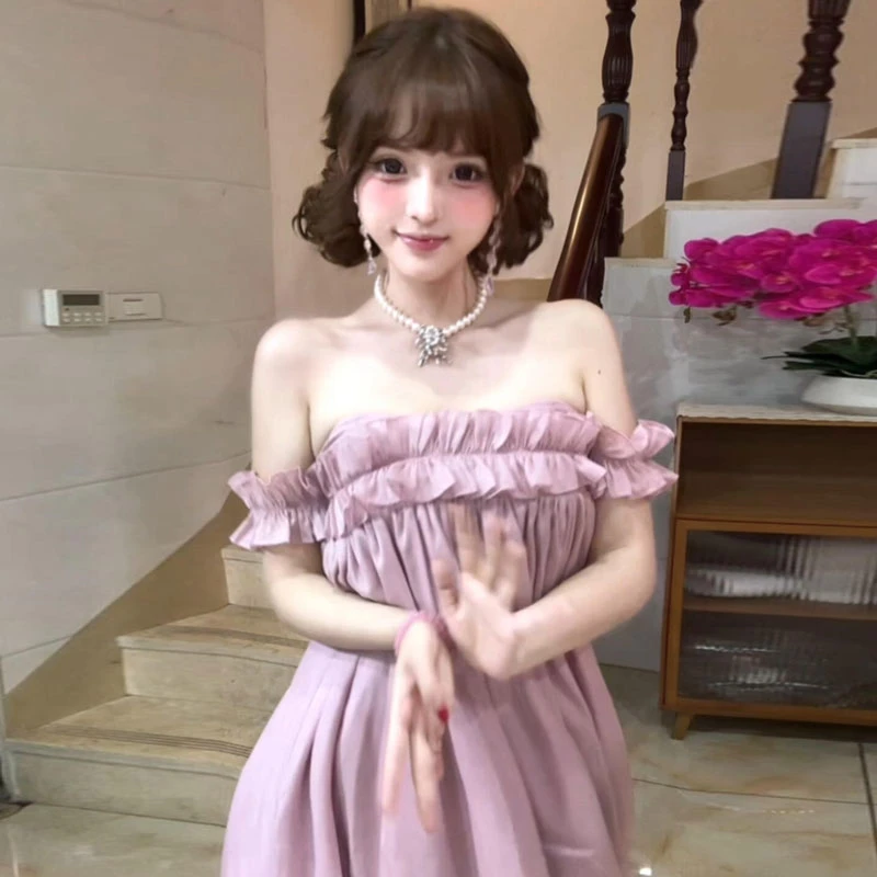 法式纯欲风超好看一字肩露背连衣裙女2025夏季气质荷叶边A字短裙