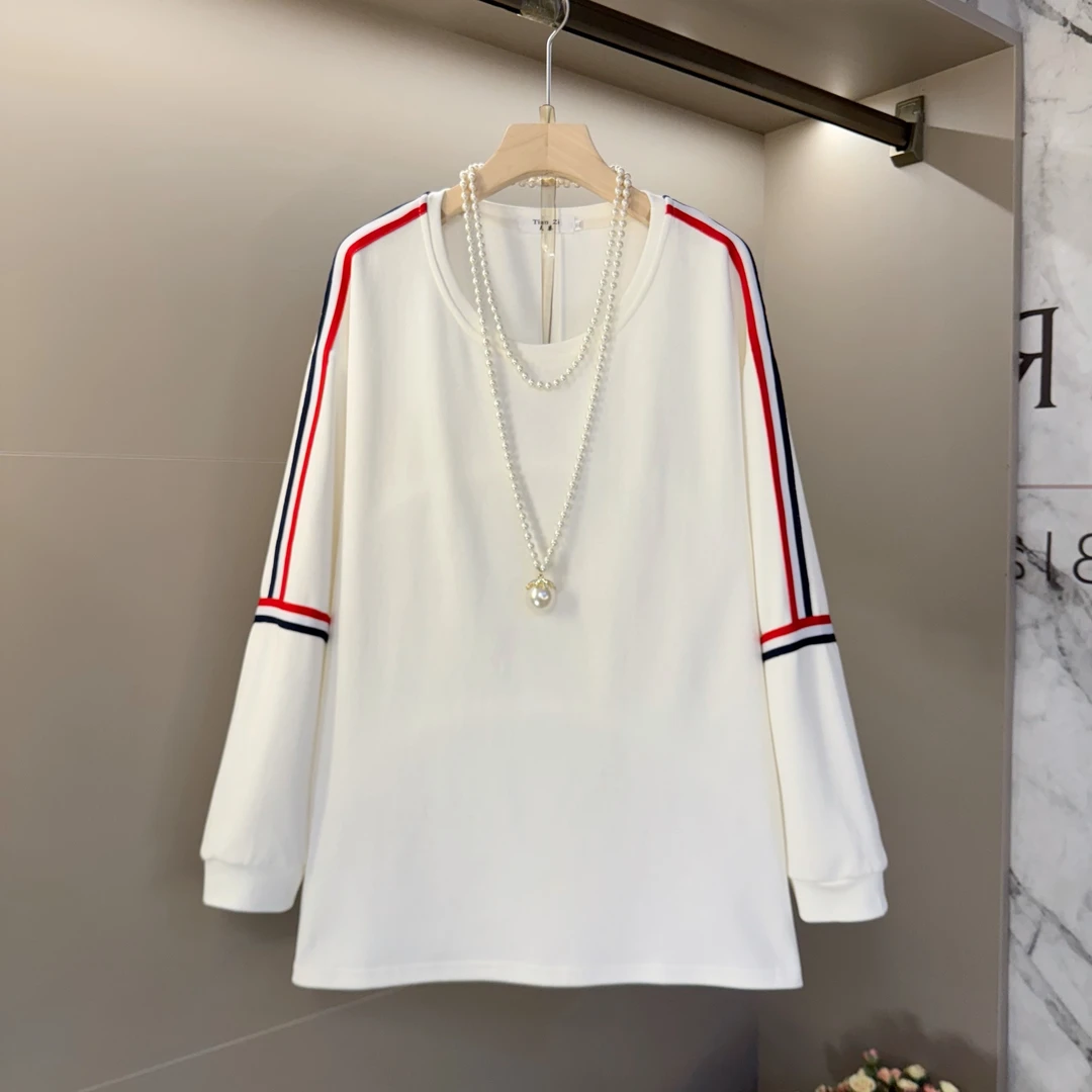 2025春季新款大码女装宽松显瘦拼色织带T恤百搭简约休闲上衣卫衣