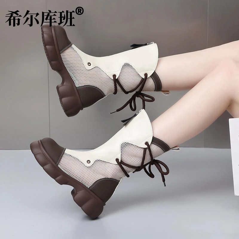 真皮网纱马丁靴女夏季2025新款透气镂空中筒靴厚底软底时尚凉靴女