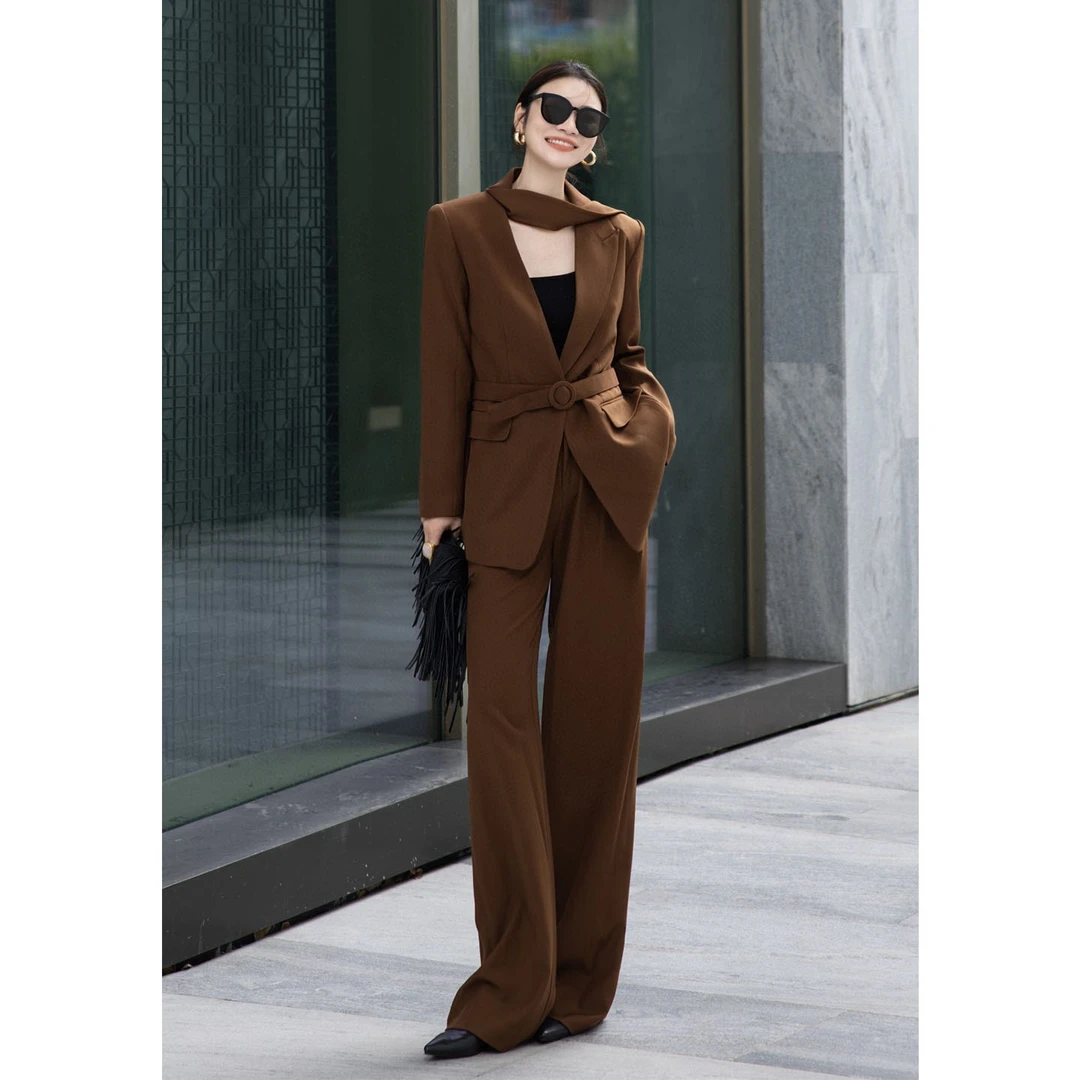 2025秋季新款高级感时尚大气西装外套＋高腰封设计感阔腿裤套装女