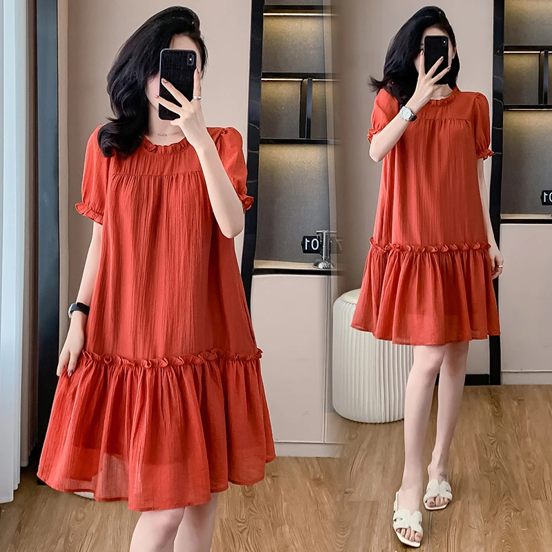 韩版洋气减龄木耳边连衣裙女春夏新款优雅气质宽松遮肚显瘦A字裙