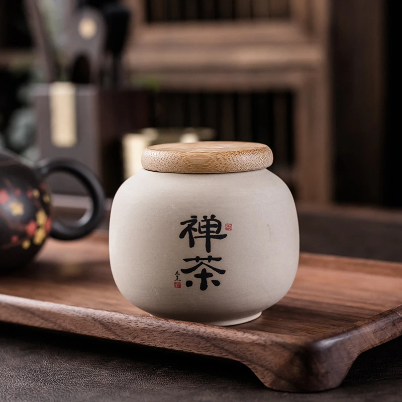 粗陶茶叶罐防潮存茶罐家用茶具配件带盖密封罐复古土陶