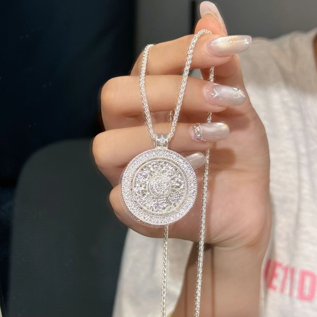 吊坠足银 银镶钻可旋转八宝罗盘时来运转项链轻奢颈链999（17g）