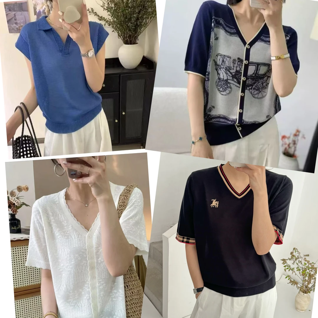 【601-710】2025新款夏季百搭气质薄款显瘦洋气慵懒风针织短袖