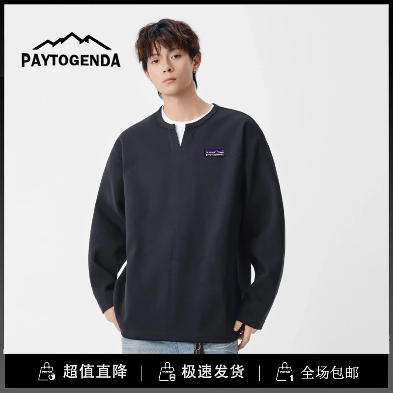 巴塔paytogenda旗舰店简约假两件长袖T恤男宽松休闲打底上衣
