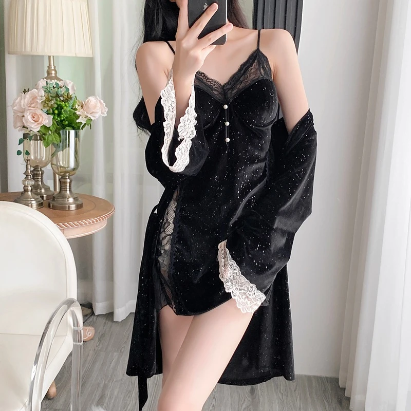 25女秋冬性感纯欲风美背镂空蕾丝金丝绒吊带睡裙睡袍家居服带胸垫