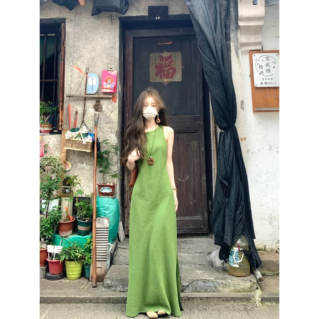 森系复古绿色吊带连衣裙女夏季气质收腰显瘦背心长裙裙子