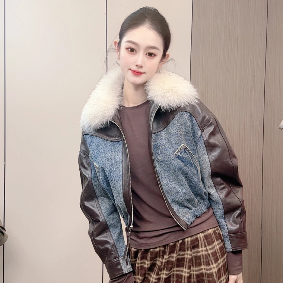 冬季新款牛仔拼接绵羊皮街头风带毛领羽绒短款外套女