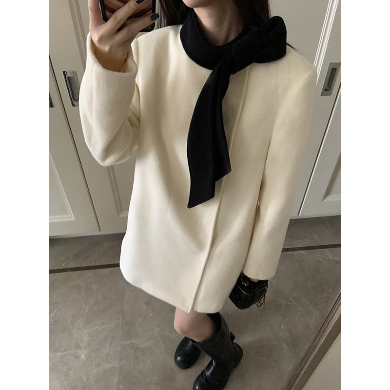 王少女的店【现】奶白色中长厚款单面呢外套气质保暖上衣N27383S44