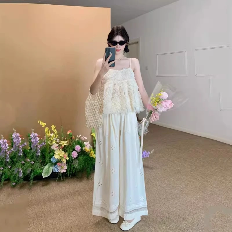 小个子设计感镂空蕾丝拼接休闲裤宽松慵懒风直筒阔腿裤女2025新款