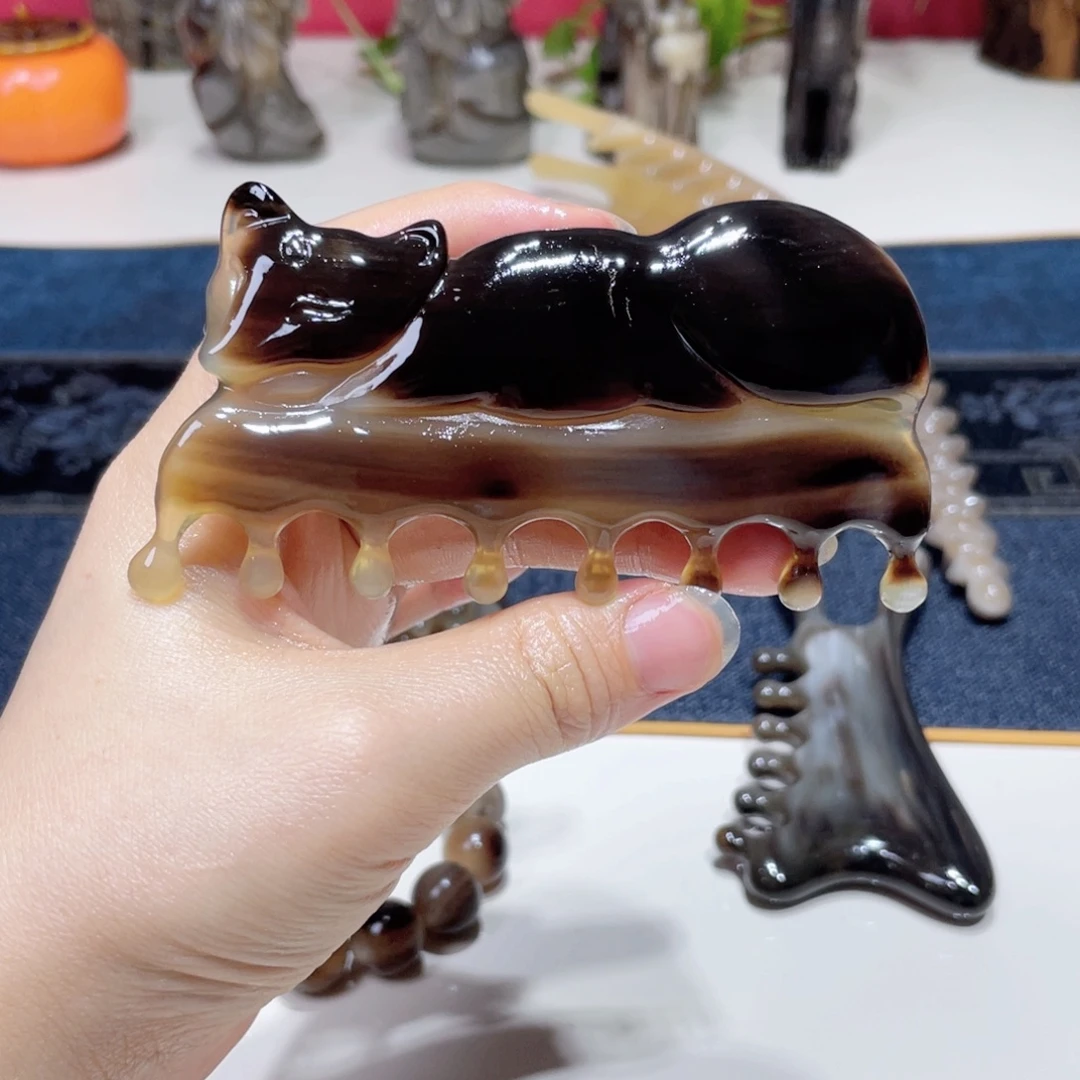 精雕小狐狸白水牛角水滴梳