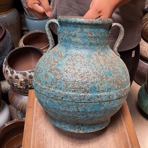 紫砂花盆口15高度27双耳蓝