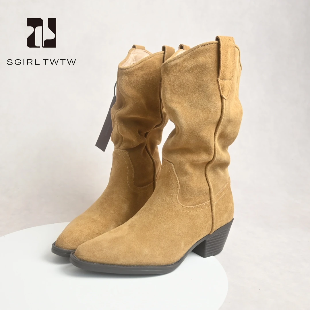 SGIRL TWTW复古磨砂西部牛仔靴2025新款户外尖头中筒堆堆靴女短靴
