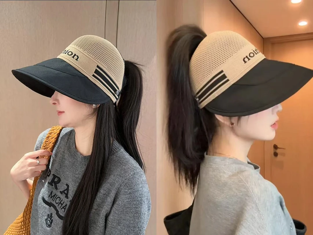 【高品质高马尾防晒帽】春夏大帽檐镂空透气空顶防晒帽女户外出游