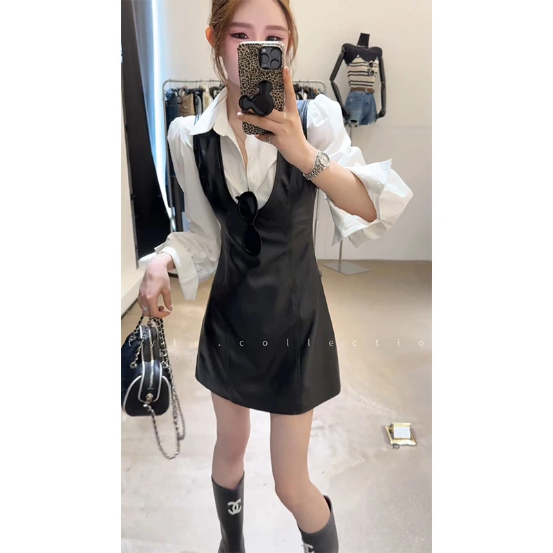 MARIE.COCO早秋新款时尚气质pu皮裙连衣裙搭白色衬衫长袖上衣套装