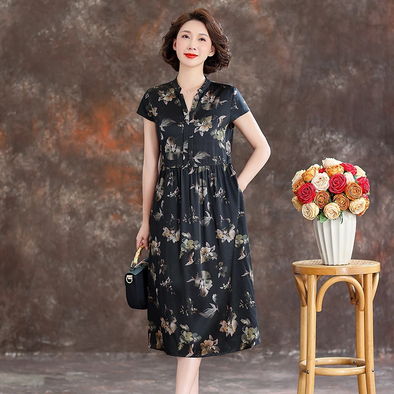 齐黛桑蚕丝真丝连衣裙国际大牌女2025春夏季新款V领气质优雅A字裙