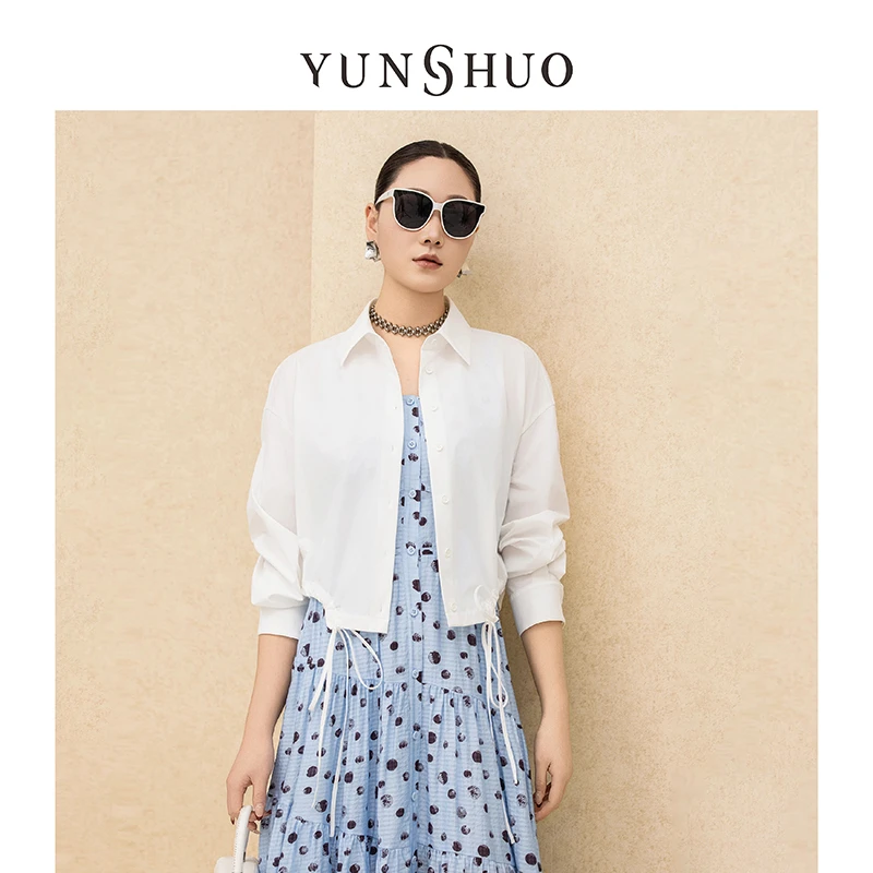 允硕春秋新品时尚百搭女衬衫气质抽绳白色简约休闲上衣衬衣339791
