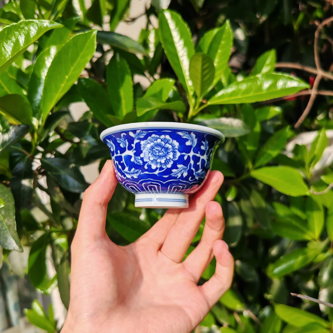 明逸堂手绘陶瓷|青花牡丹压手杯中号纯手工茶杯全手工品茗杯茶具