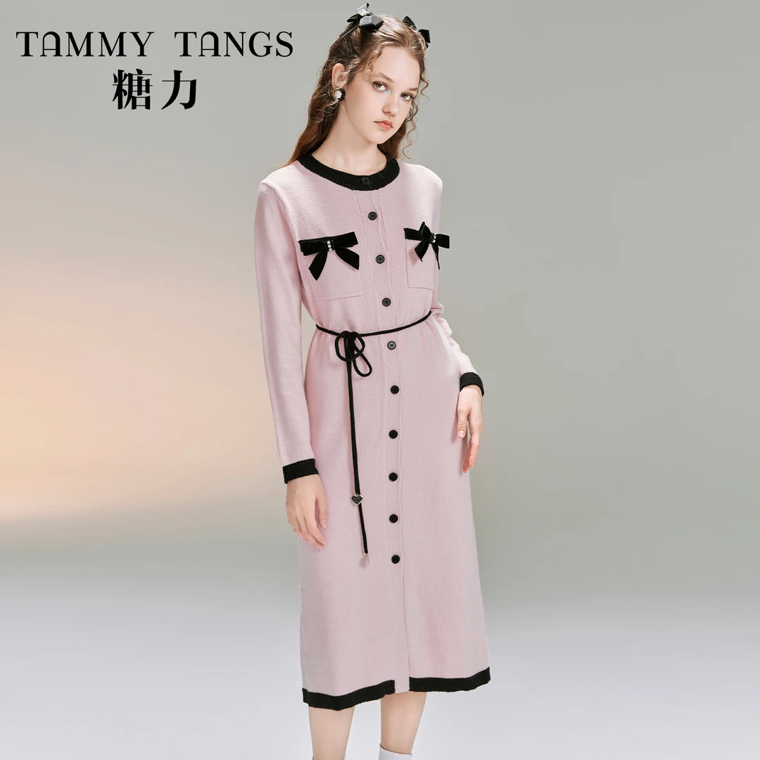 【商场同款】糖力冬新款拼色气质长袖中长款H型针织连衣裙