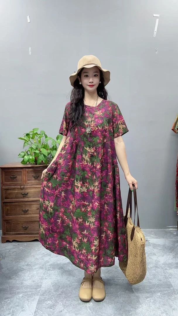 5065夏季新款清凉气质时尚复古遮肚宽松女显瘦百搭圆领休闲连衣裙