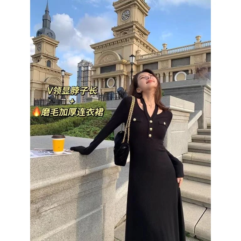 D【现货】11131 胖mm微胖黑色赫本风V领法式气质大码连衣裙