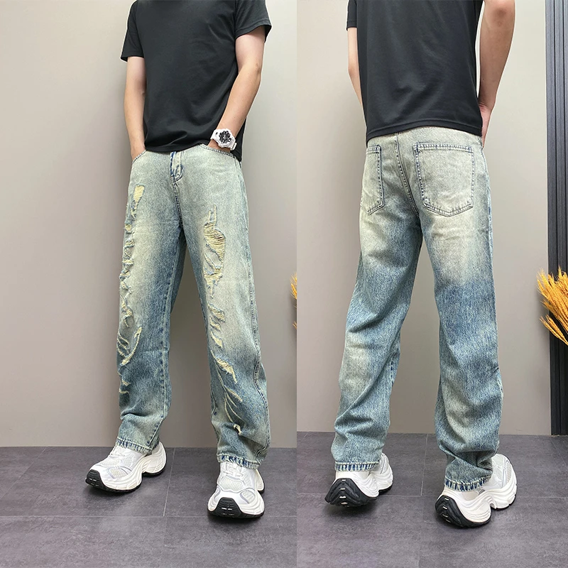美式高街手工破洞水洗牛仔裤男夏薄款宽松直筒裤痞帅潮牌阔腿男裤