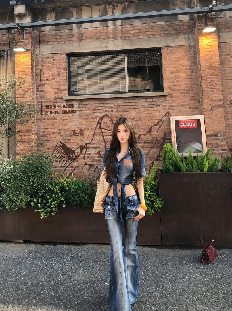 下摆绑带柔软薄洗水牛仔短袖衬衫收腰短款上衣女夏新款显瘦牛仔裤