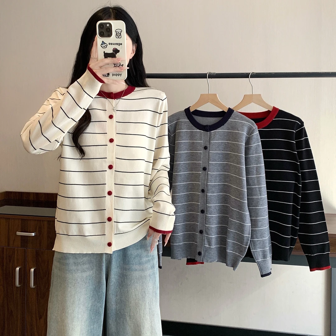 70170大码女装2025秋装新款宽松条纹针织上衣胖m时尚显瘦毛衣开衫