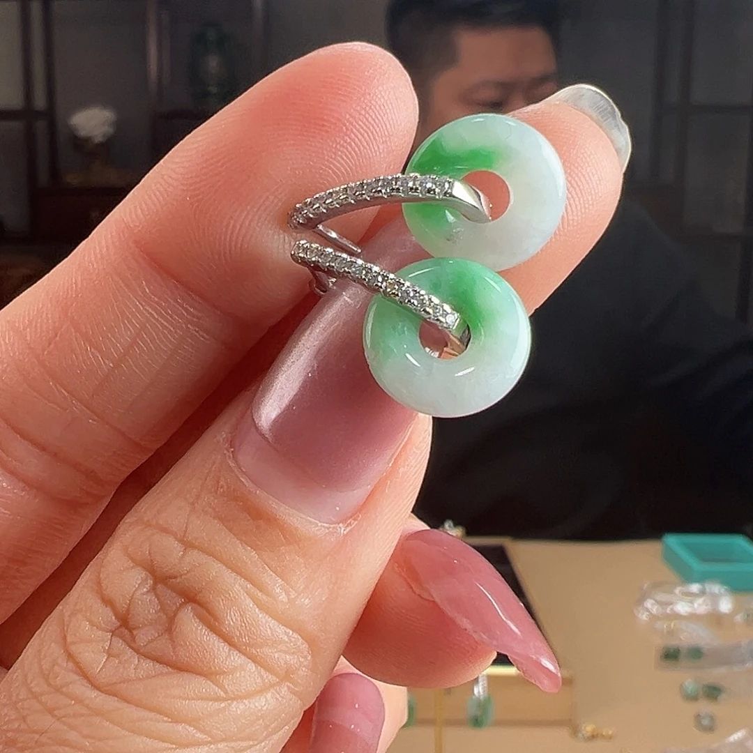 翡翠银S925镶嵌耳饰耳环有纹49