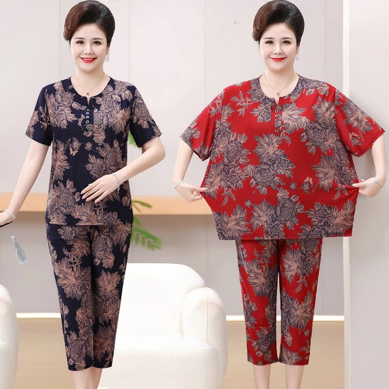 8XL老太太大码夏装短袖两件套中老年人加肥加大有弹力套头套装200