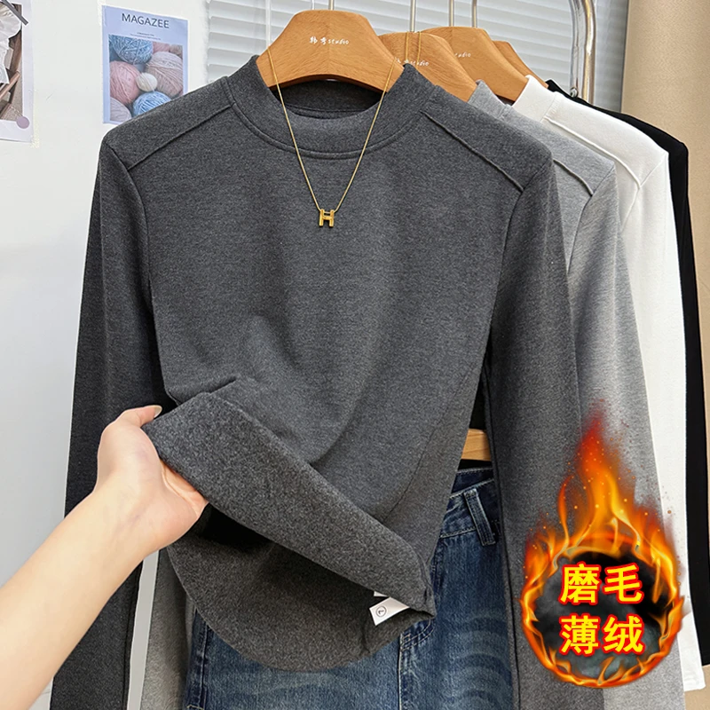 磨毛薄绒打底衫女秋冬设计感正肩内搭上衣百搭保暖立领长袖T恤潮