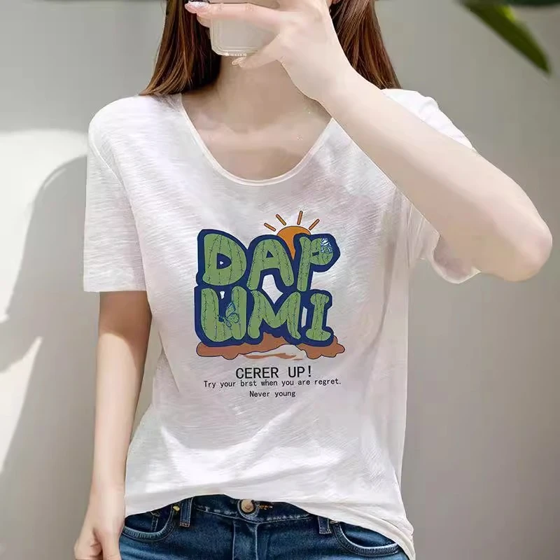 新款休闲竹节棉宽松短袖T恤女字母印花白色大码薄款时尚潮