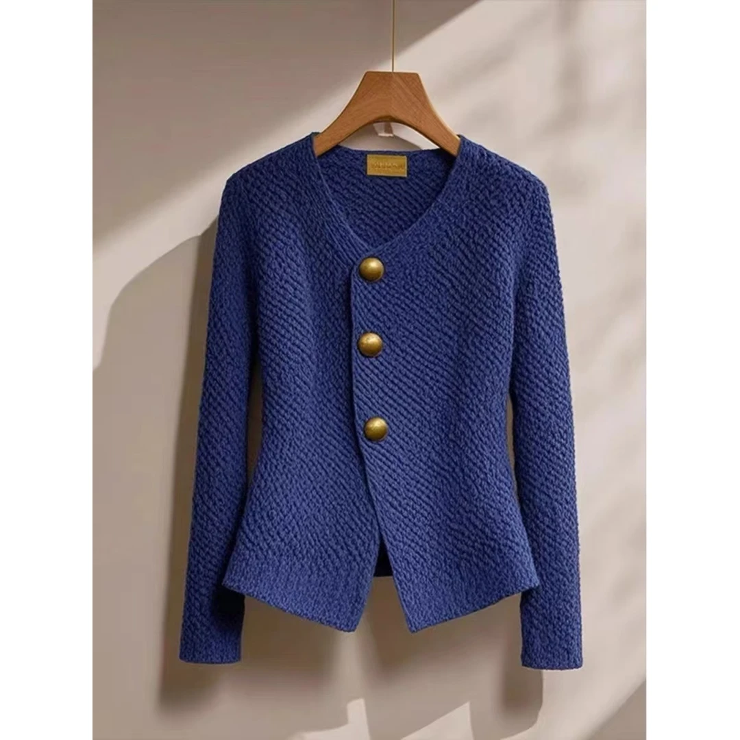 早秋硫酸铜穿搭独特别致上衣小众高级感气质超好看蓝色针织外套女