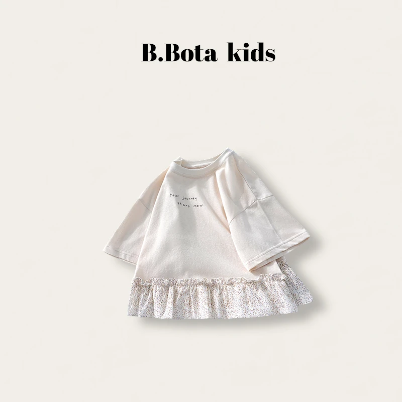 〖姐姐家〗2025夏款萌娃穿搭印花极简风蕾丝下摆打底衫T恤253096