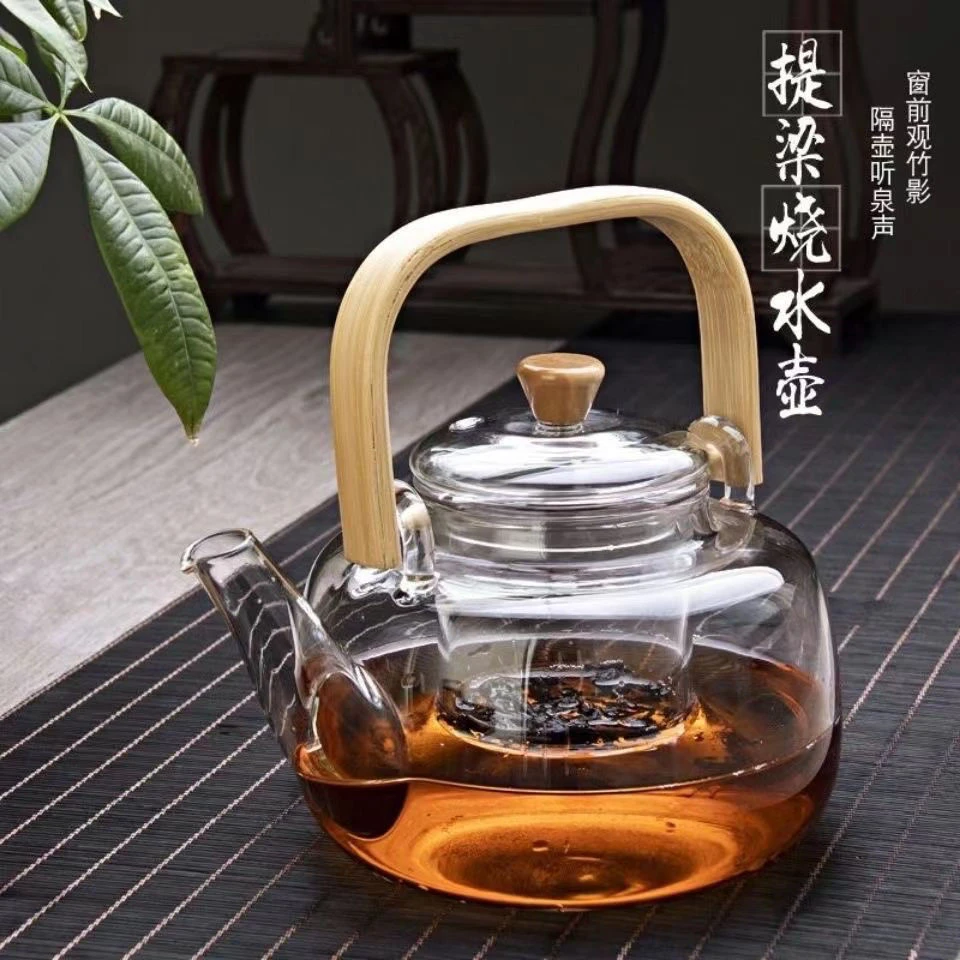 方提梁1000ml加厚竹把玻璃提梁壶电陶炉煮茶壶家用电陶炉煮茶器