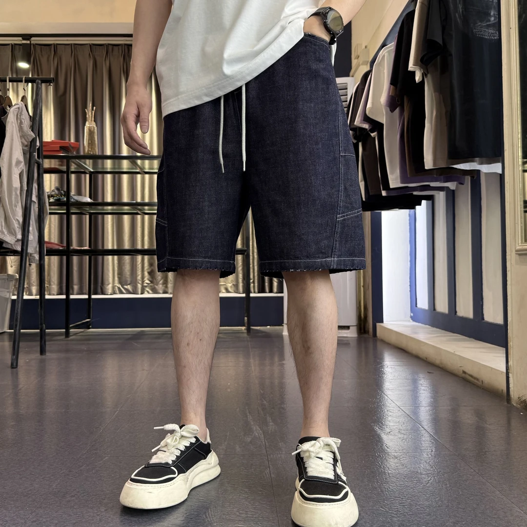 KP-X色织牛仔短裤夏季薄款透气男士百搭松紧腰抽绳立裁休闲五分裤